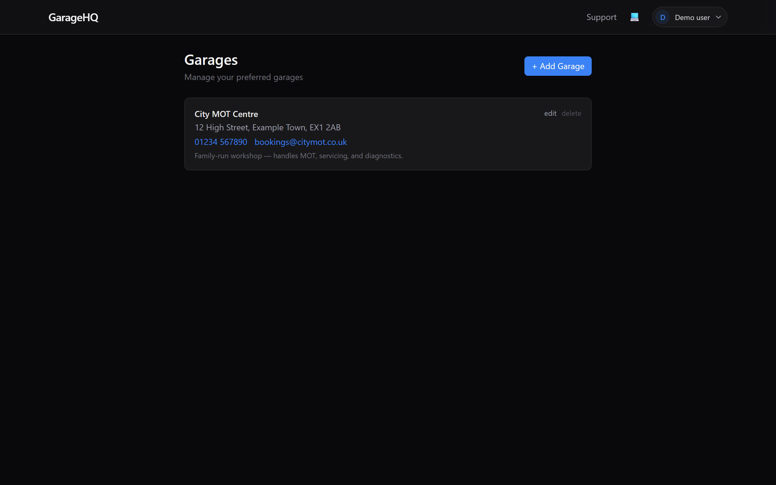 Garage listing showing the saved workshop