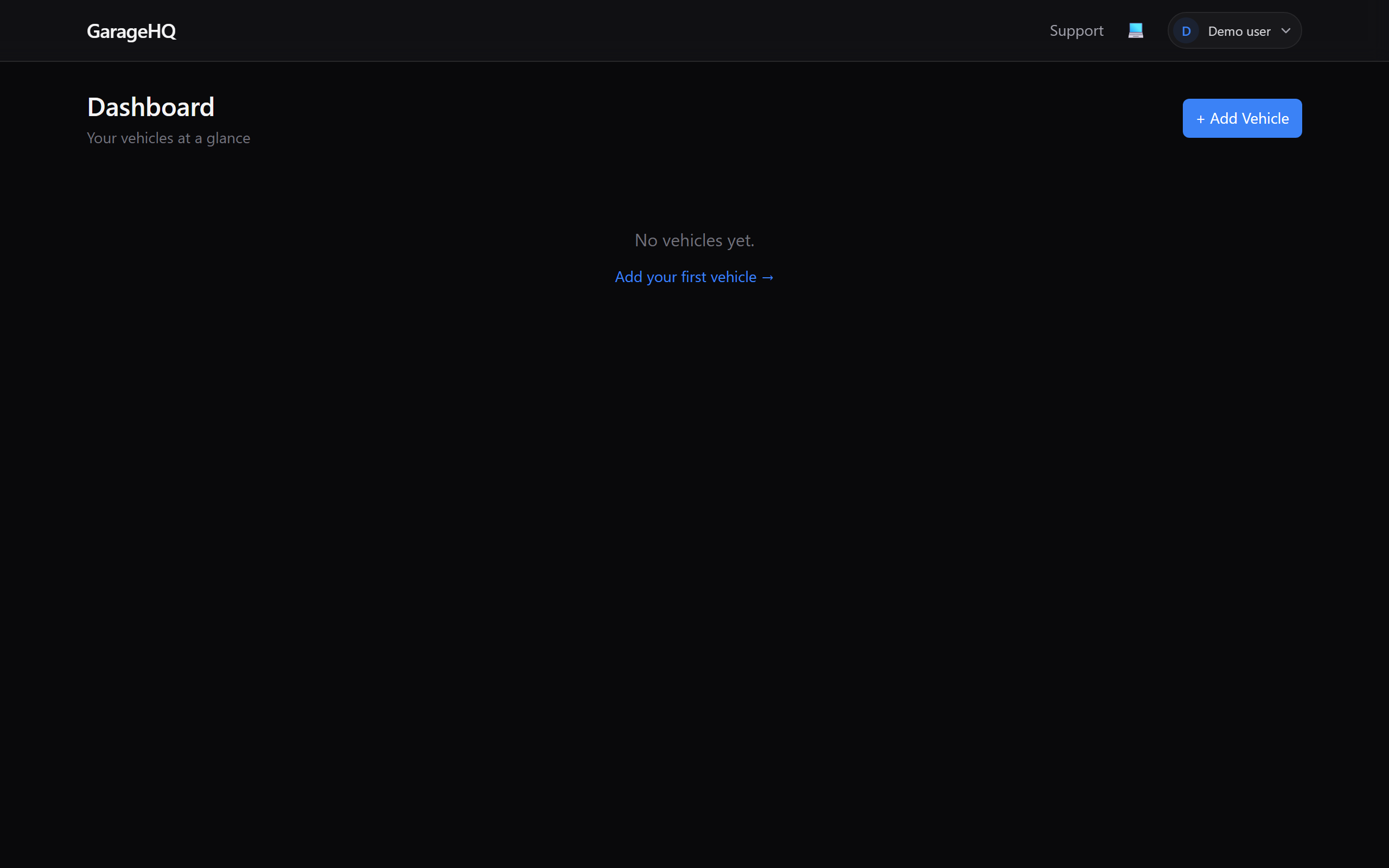 Empty dashboard with a prompt to add your first vehicle