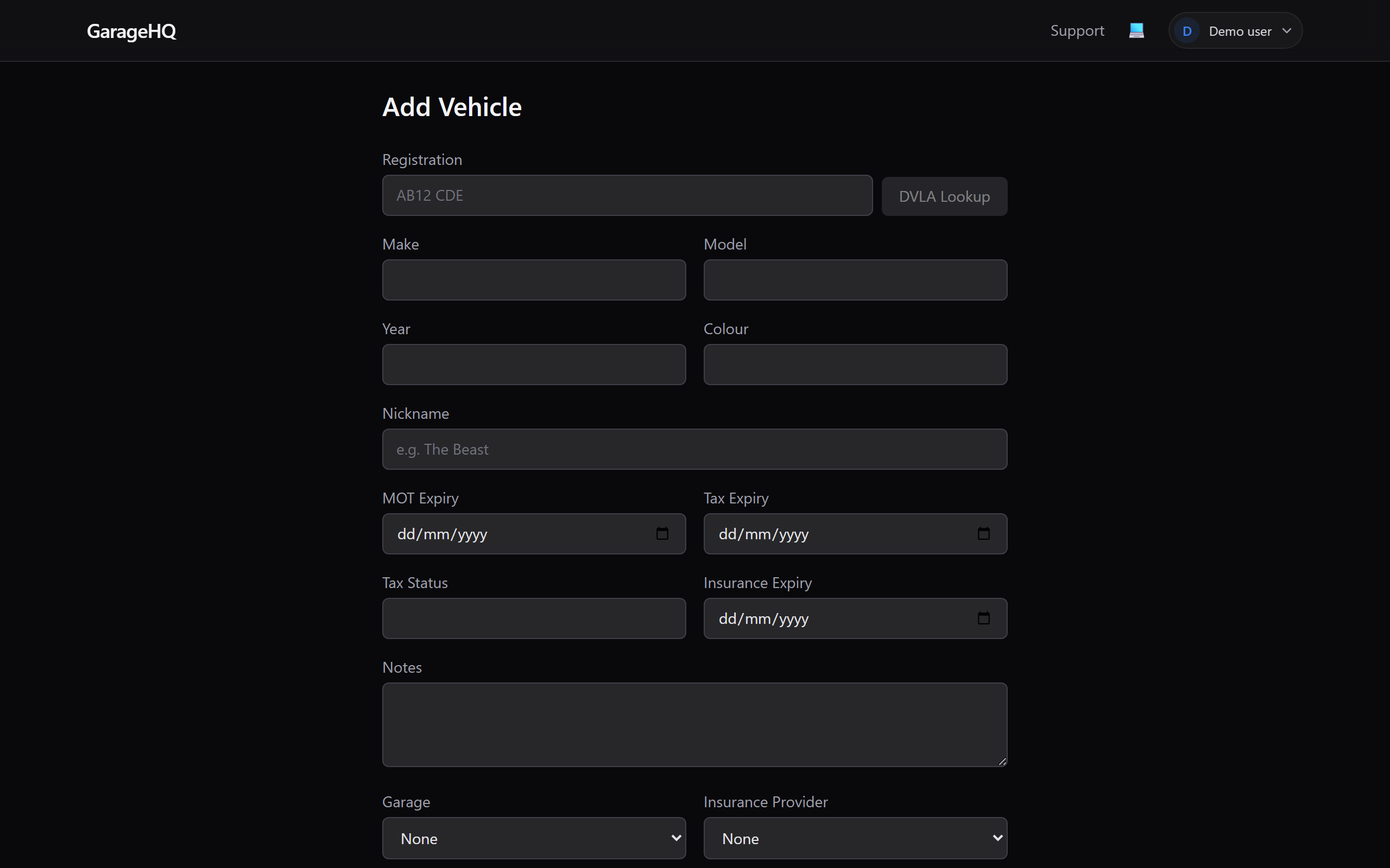 Blank Add Vehicle form
