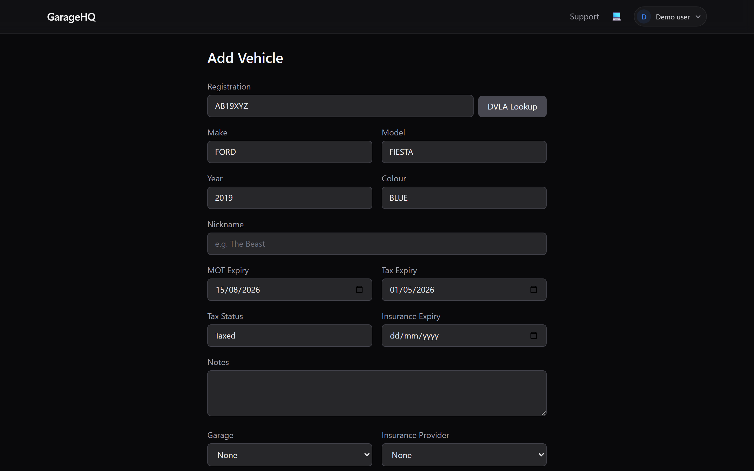 Form auto-filled with DVLA-returned details