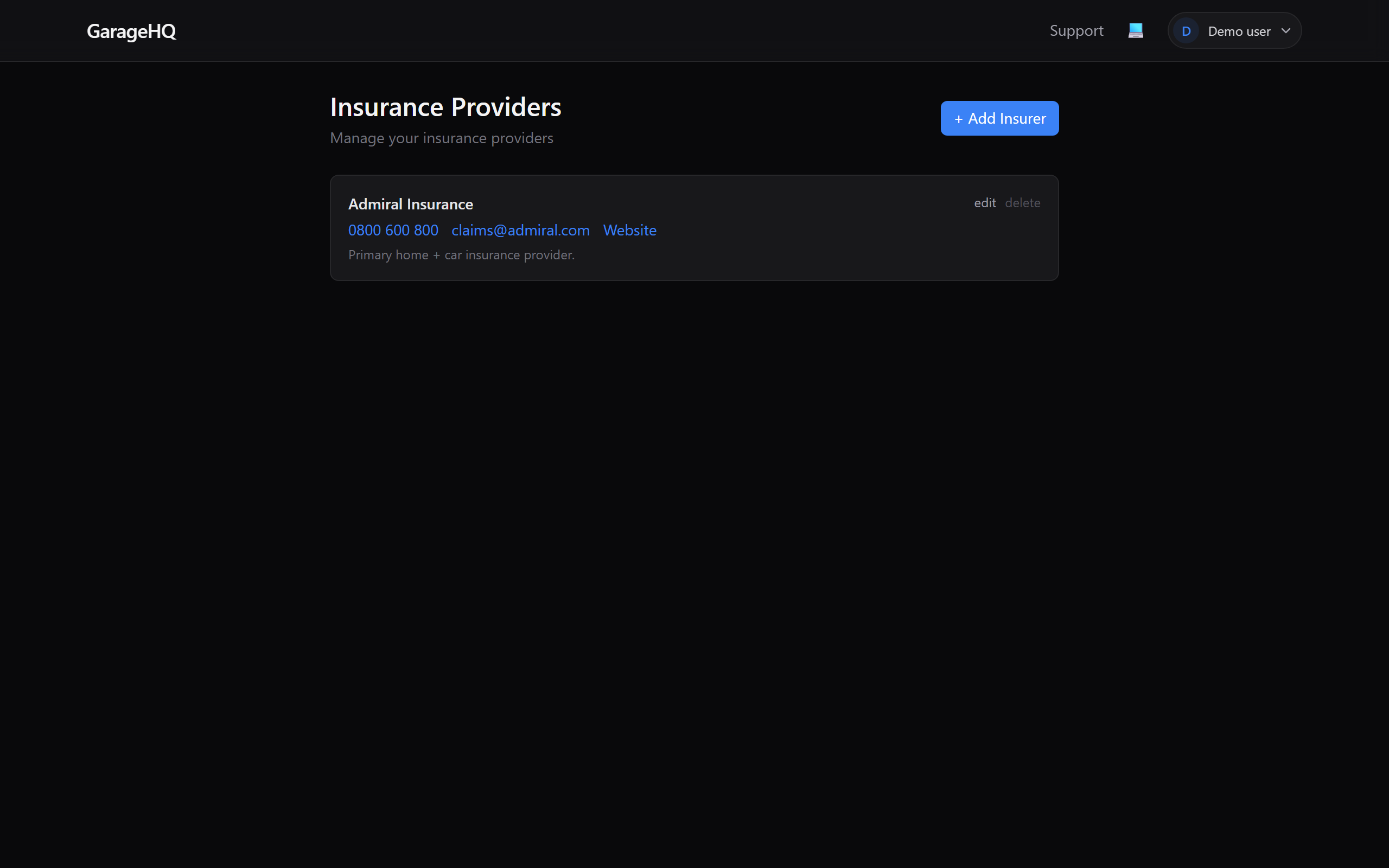 Insurer listing showing the saved provider