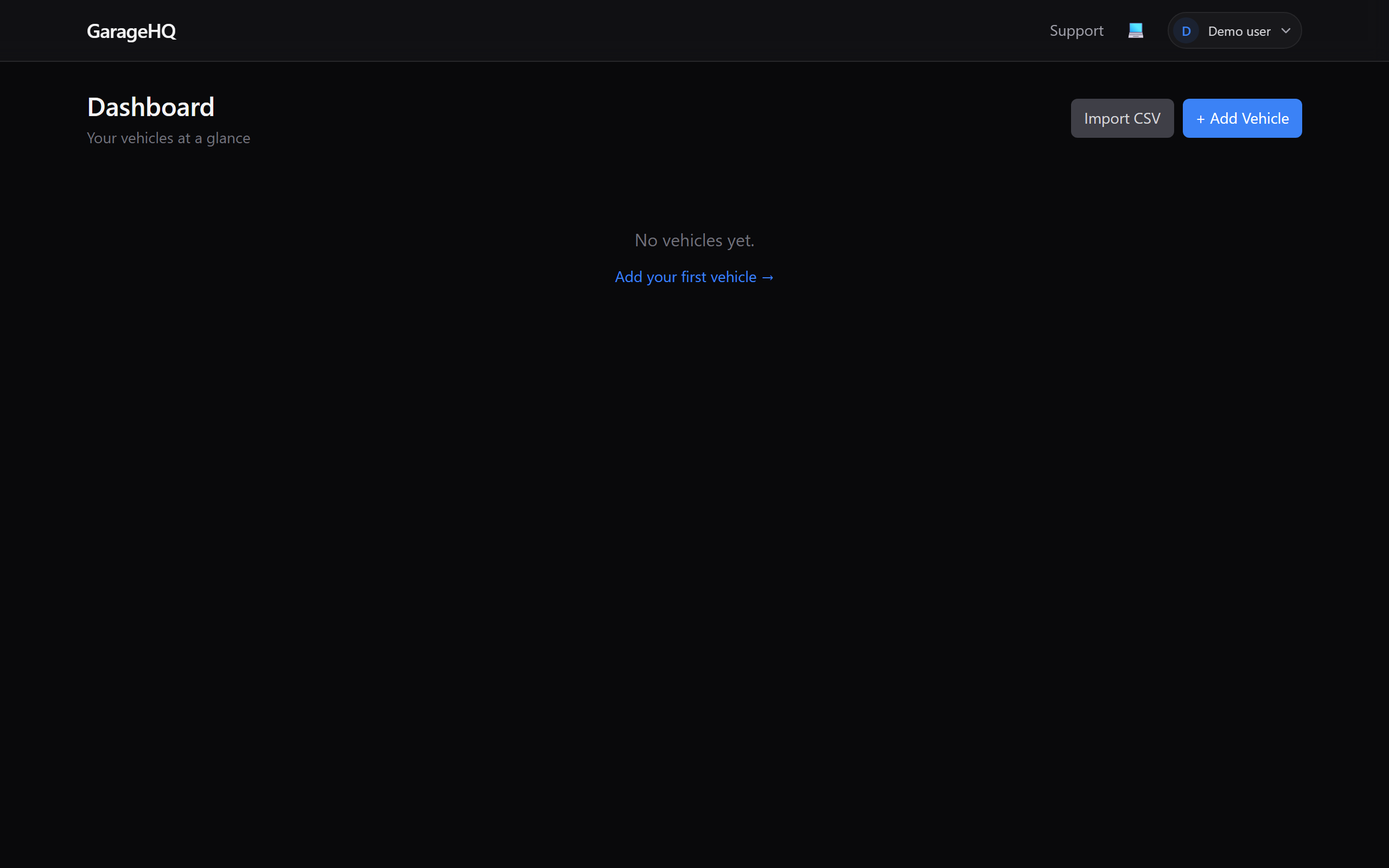 Dashboard with the Import CSV button top-right