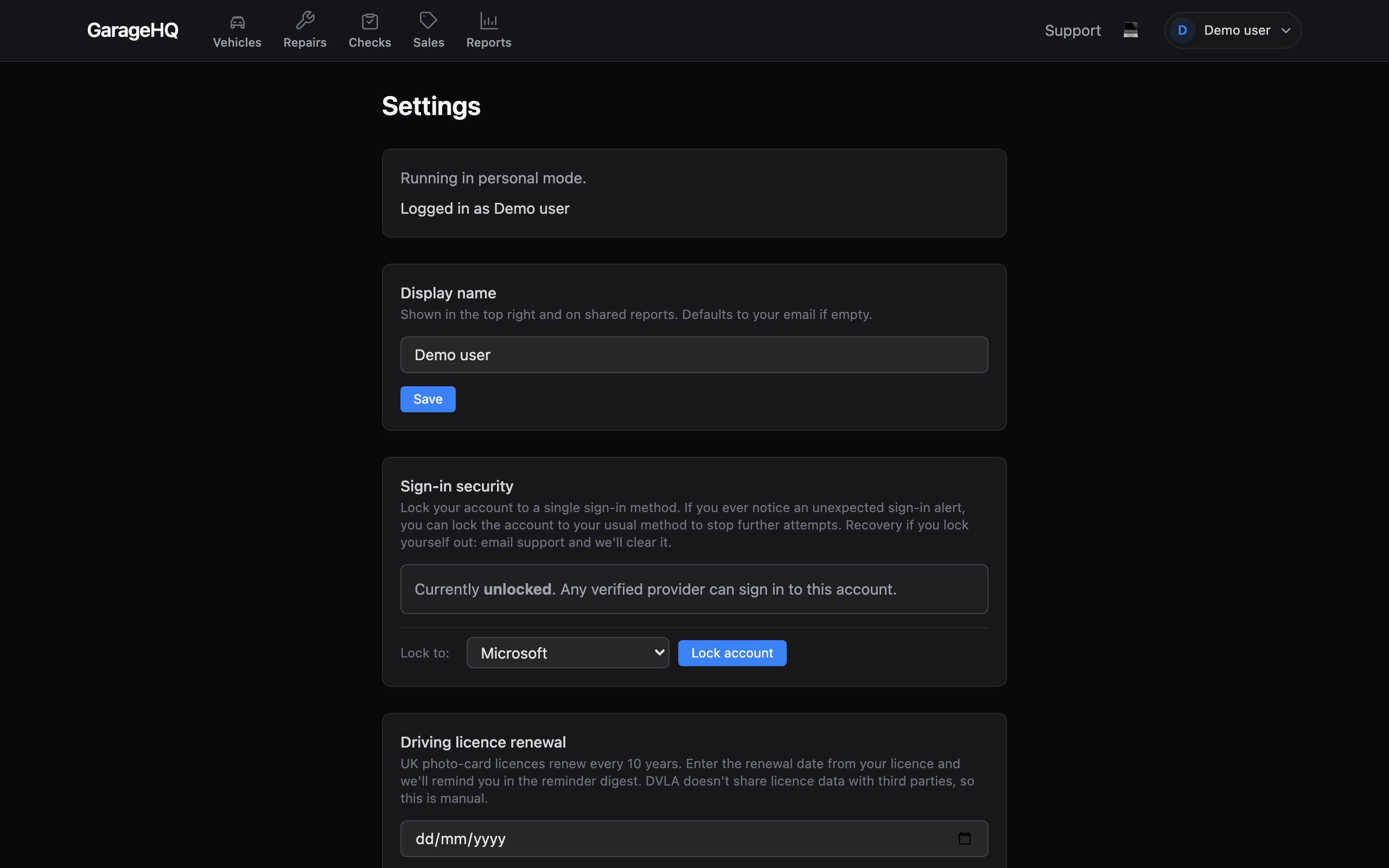 Download receipts card on the Account settings page with from and to date inputs and a Download zip button