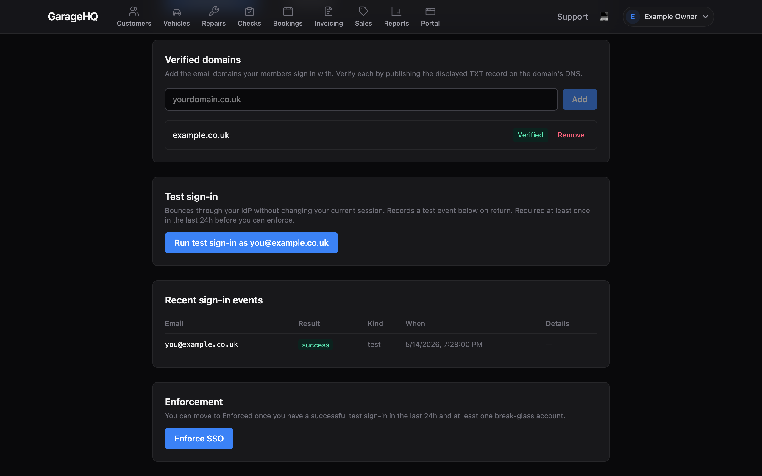 The SSO settings page in testing state, with the configuration filled, a verified domain, and an enabled 'Run test sign-in' button.