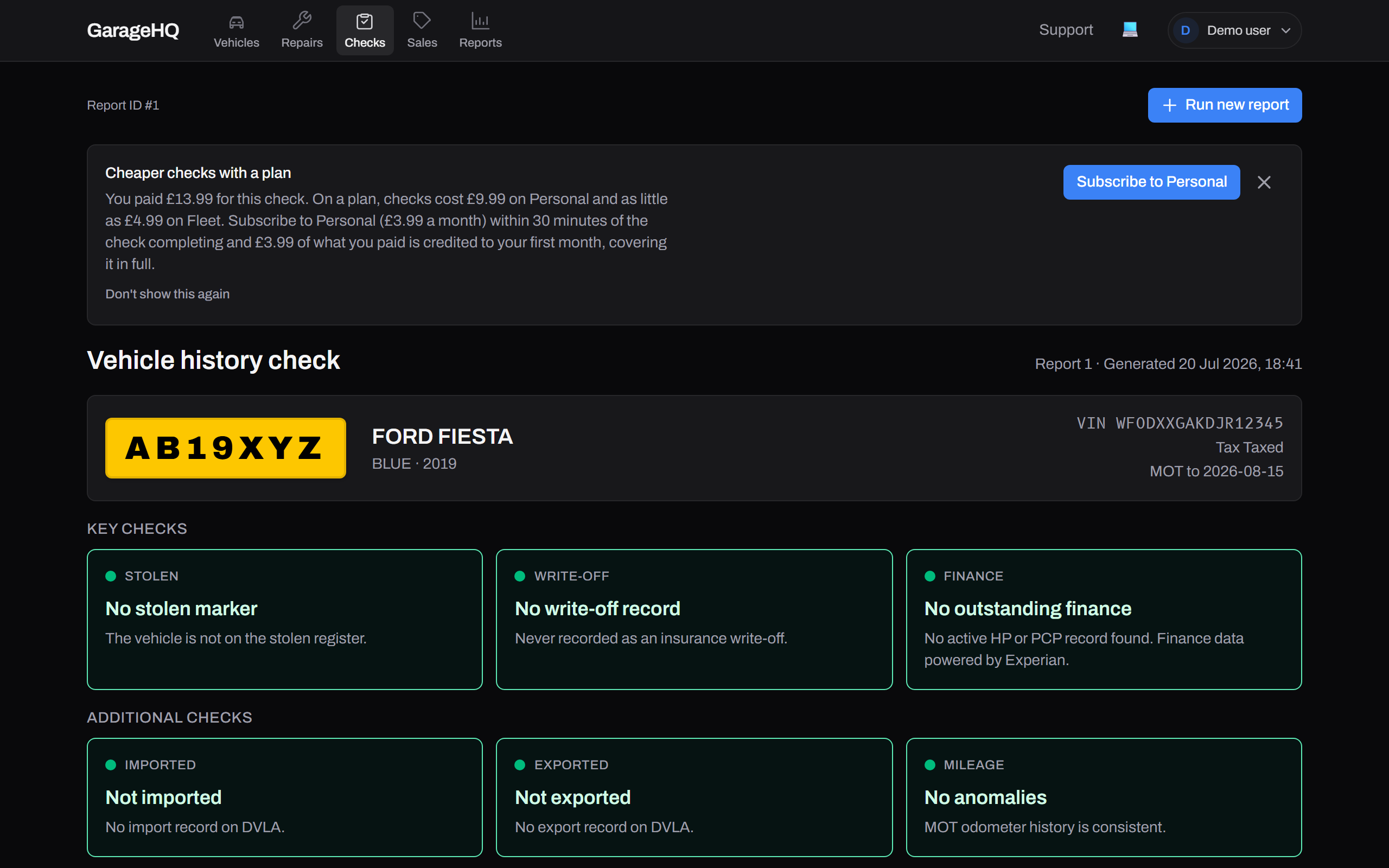 The conversion card above the report page with a Subscribe to Personal button