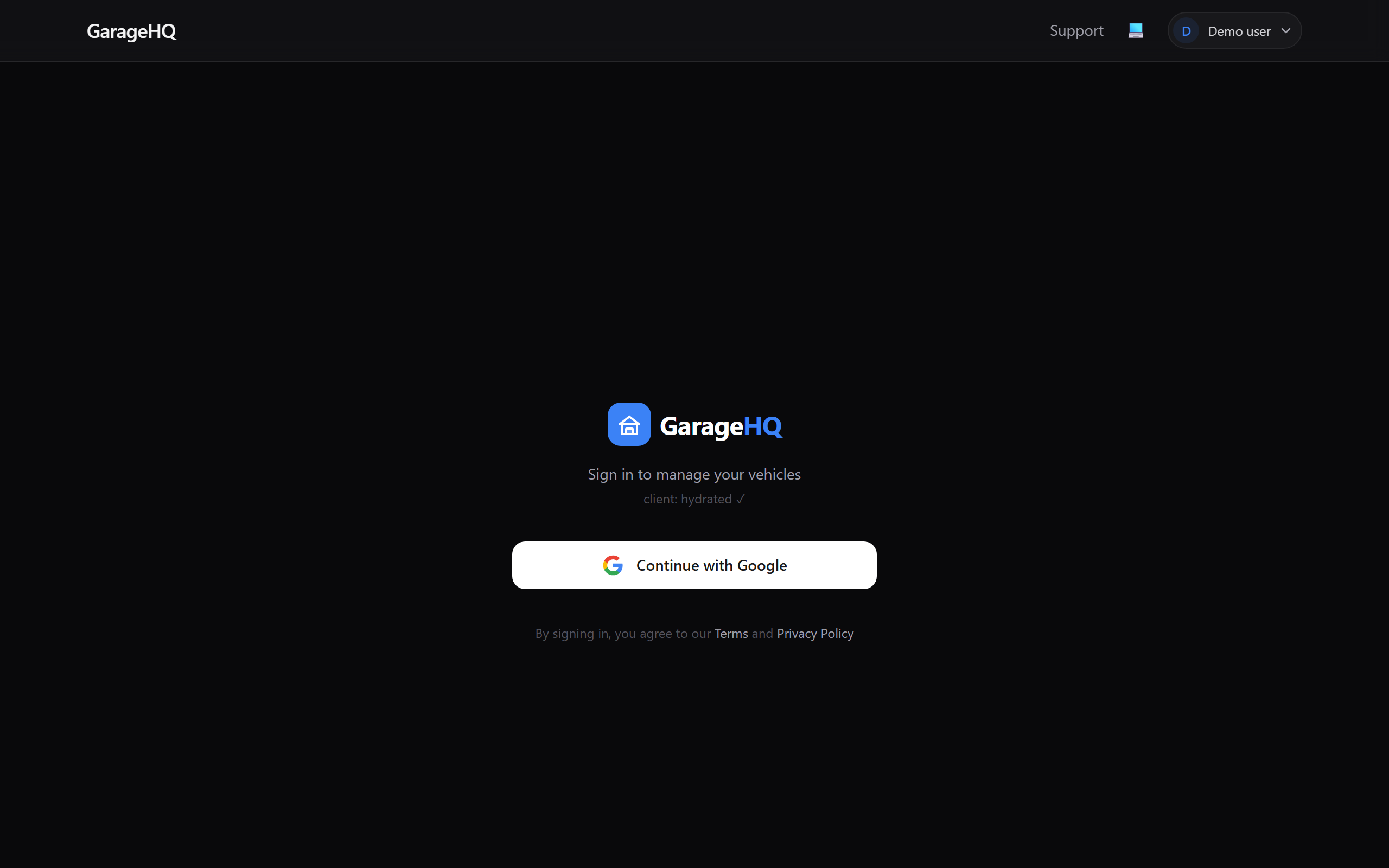 The GarageHQ sign-in page