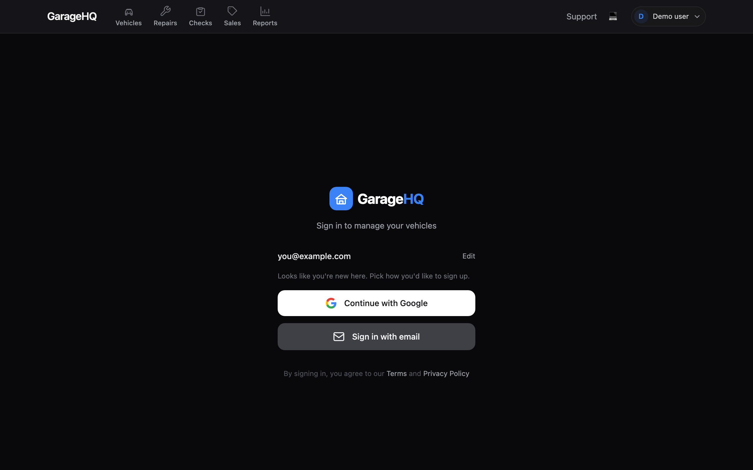 The provider picker showing Continue with Google and Sign in with email buttons after entering an email