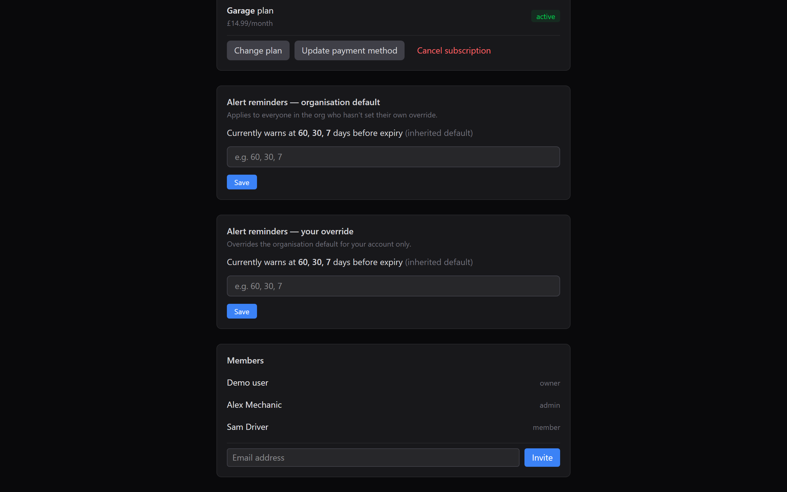 Settings page showing the Members section with roles and invite form