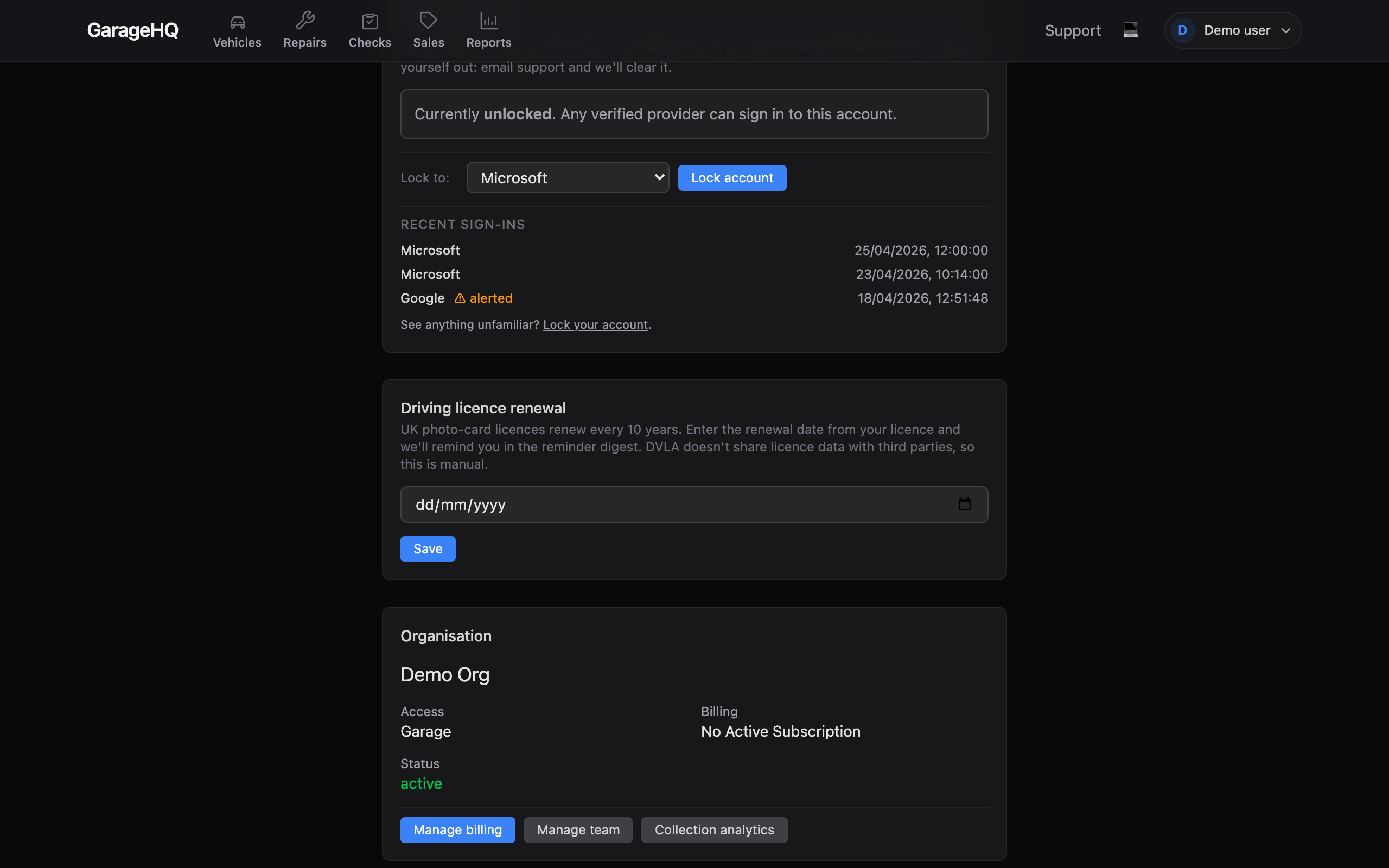 Sign-in security card on the Settings page before any lock is applied