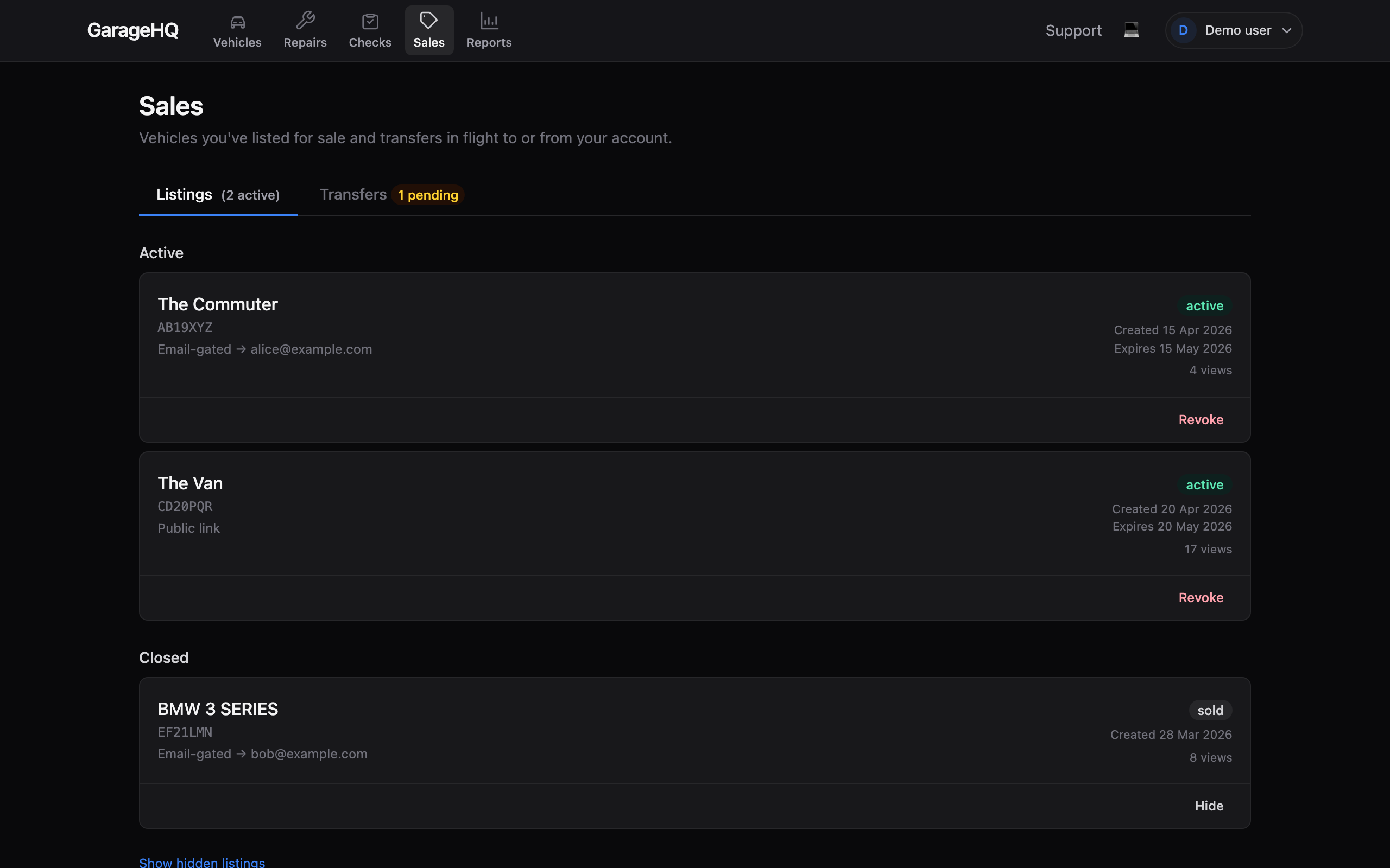 Sales page with the Listings tab selected
