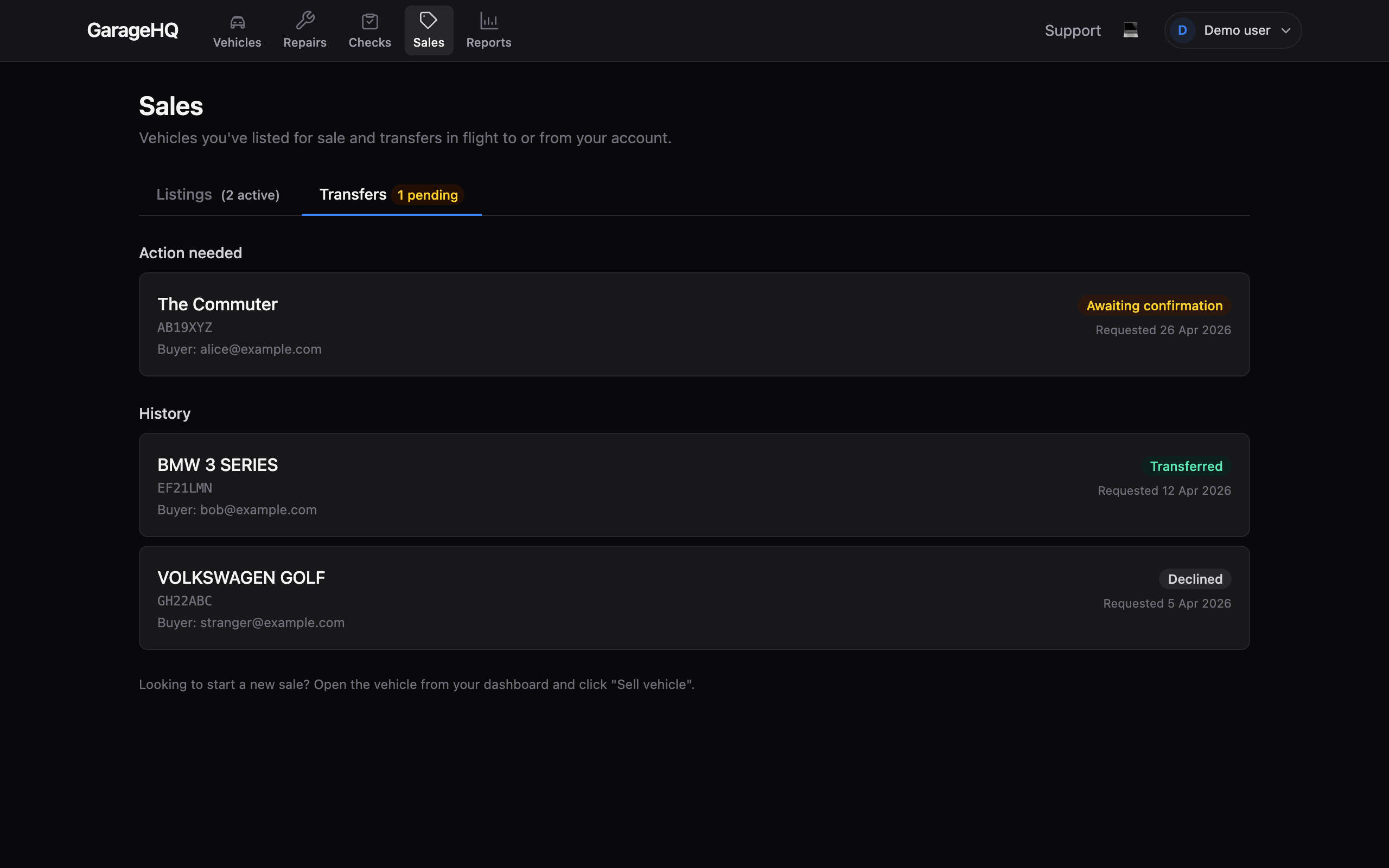 Transfers tab showing pending and historical transfers