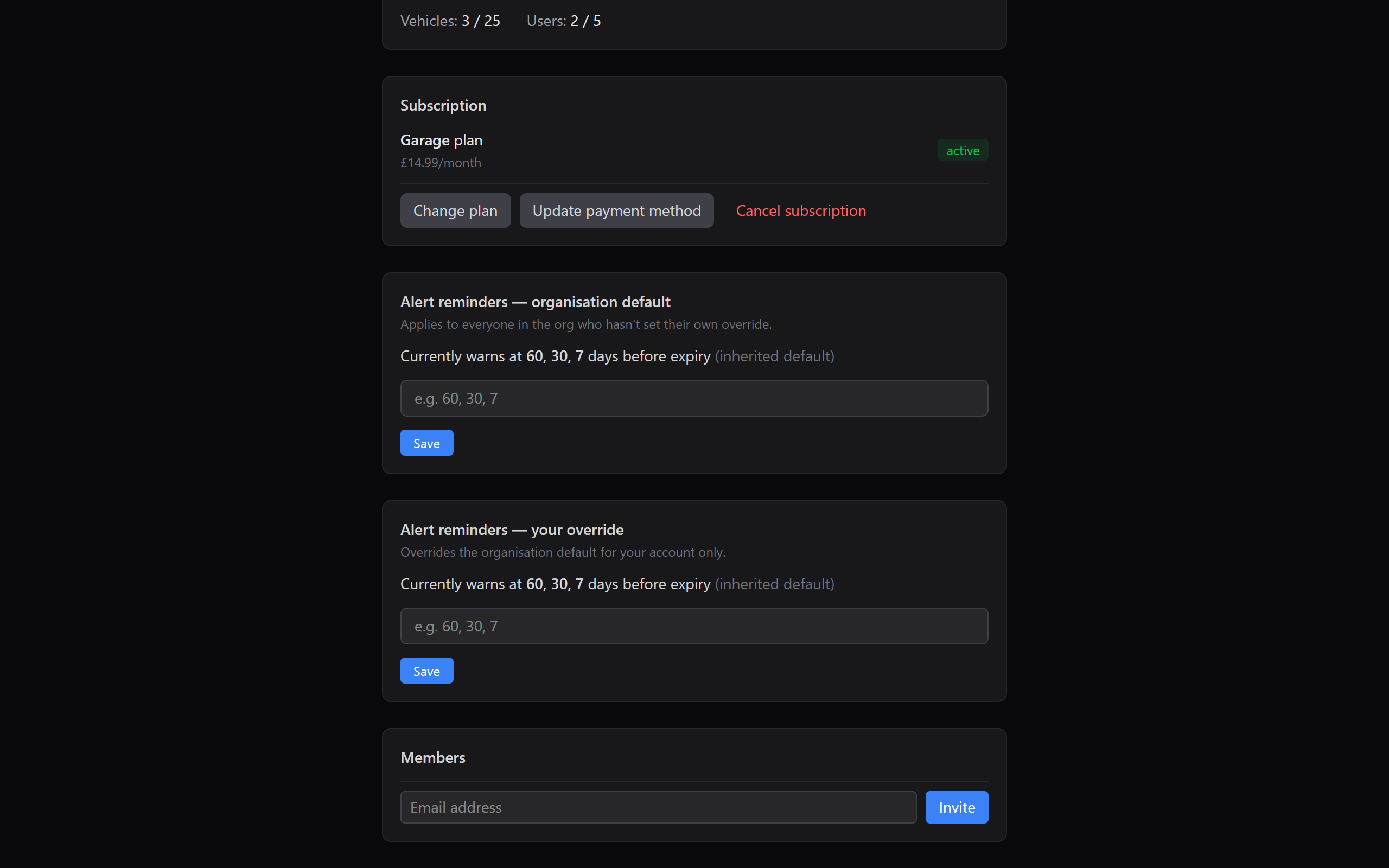 Settings page showing the Subscription section with plan info and three action buttons
