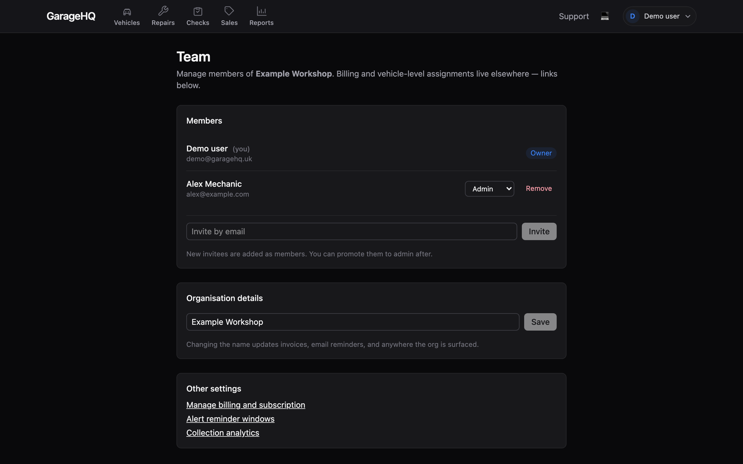 Settings team page Vehicles card showing each org vehicle with a dropdown picker for the new owner
