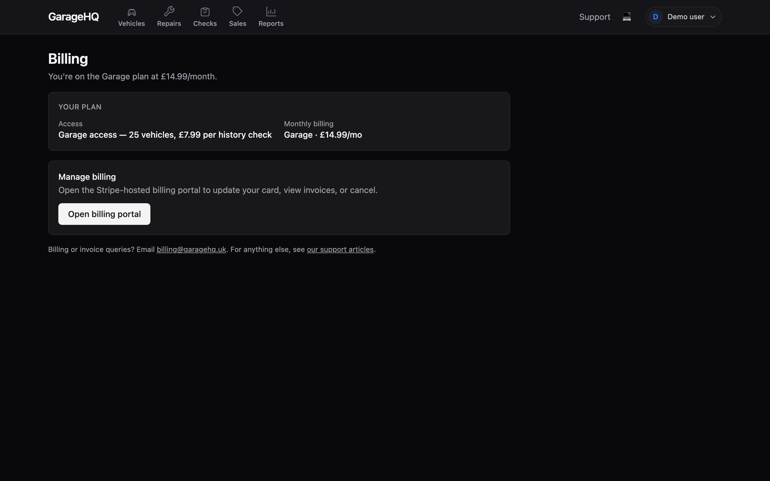 Settings page subscription card showing the Open billing portal button