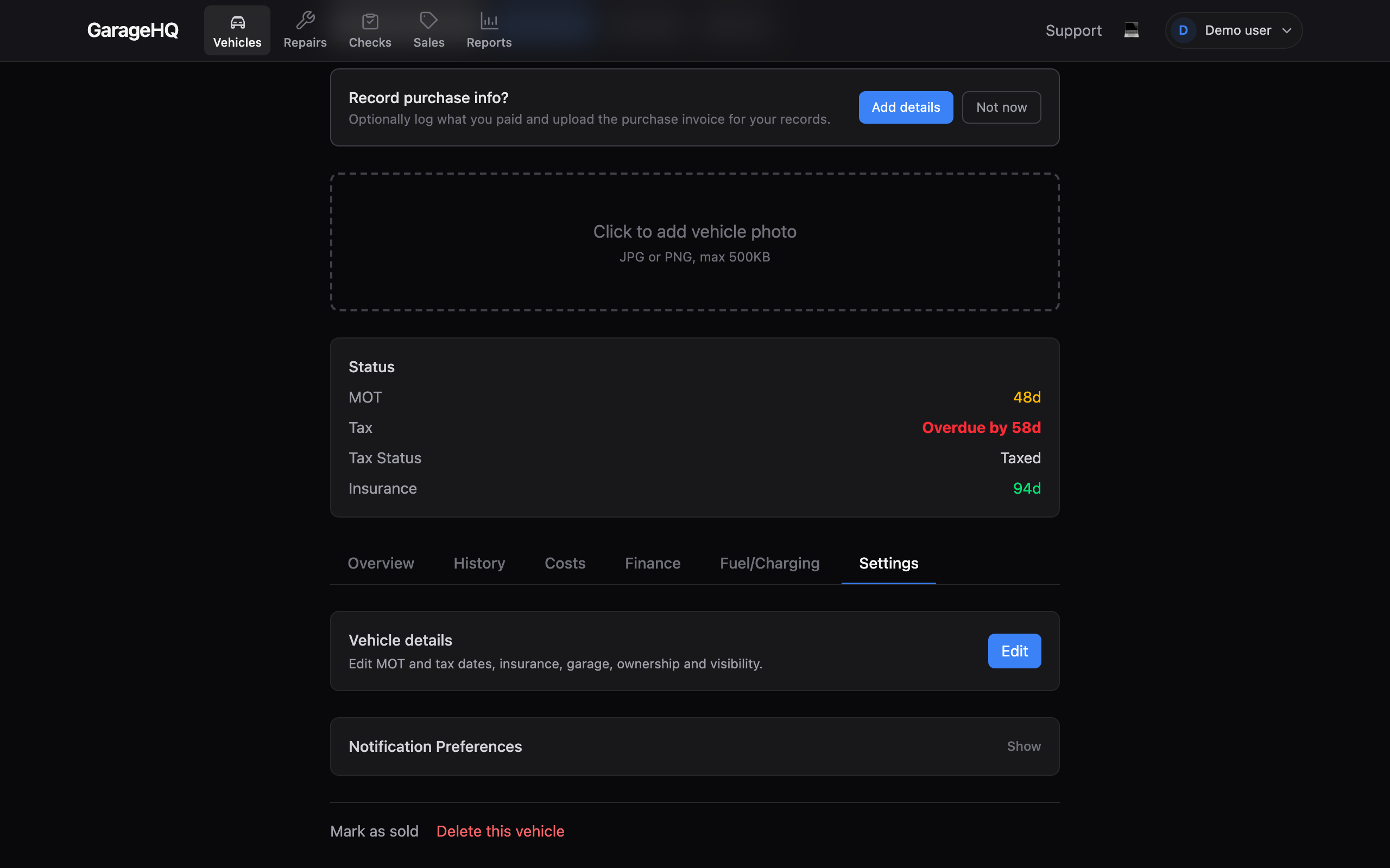 Settings tab on a vehicle detail page showing the Delete this vehicle button