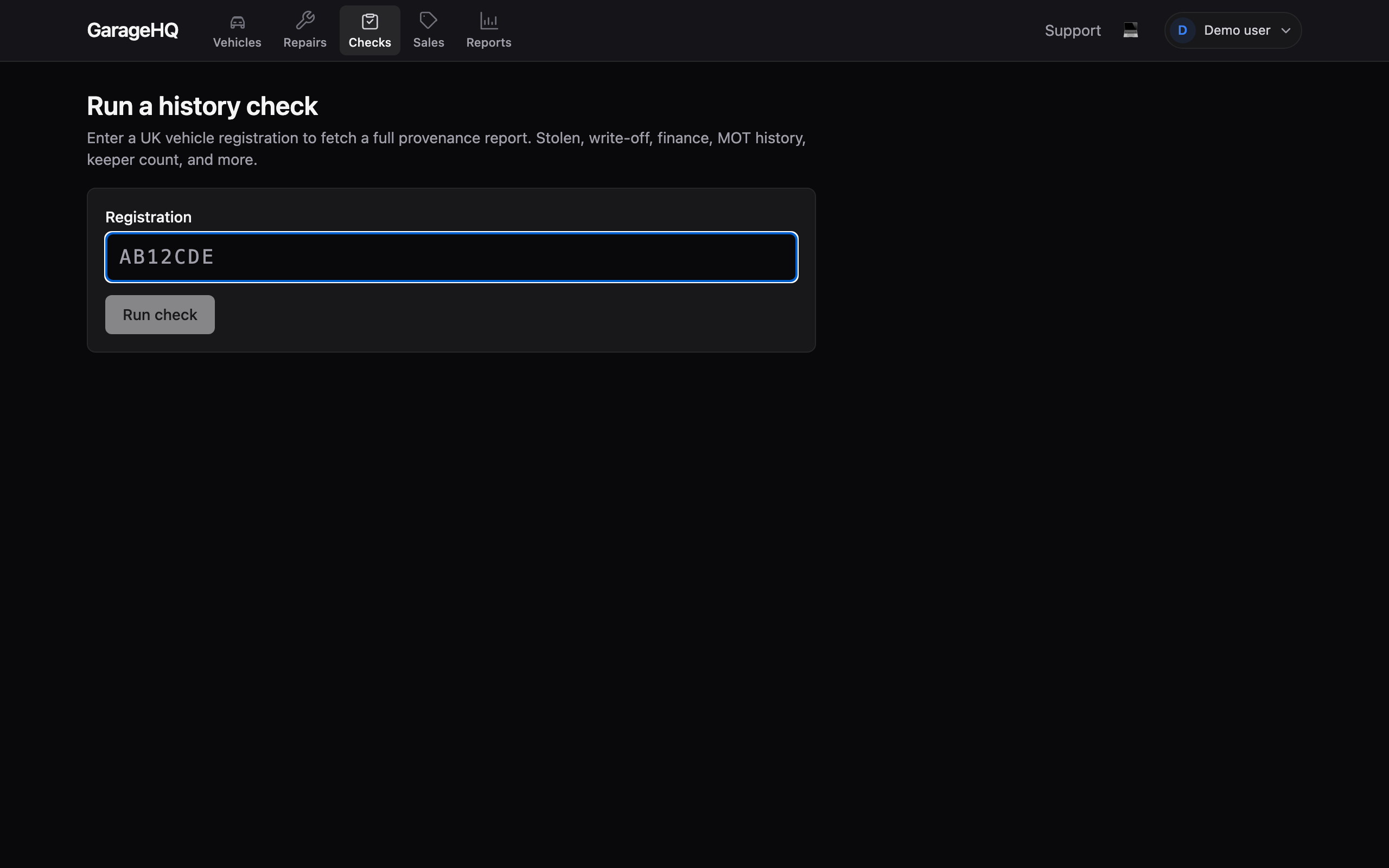 The new history check form with an empty registration field