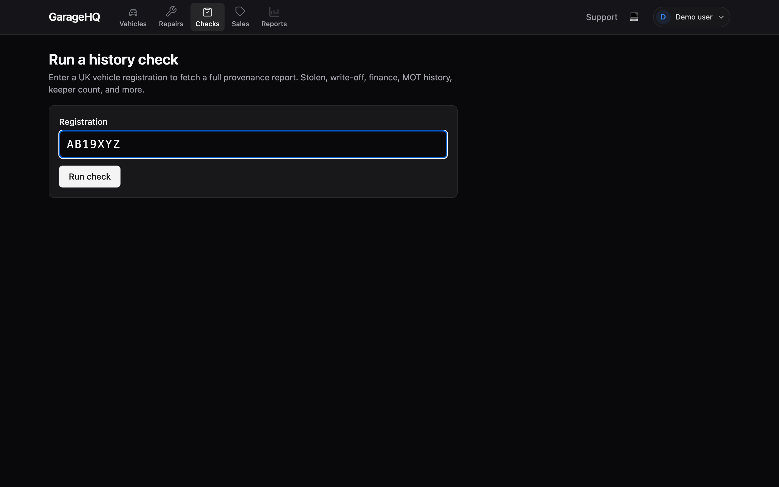 The /checks/new form with a reg typed in