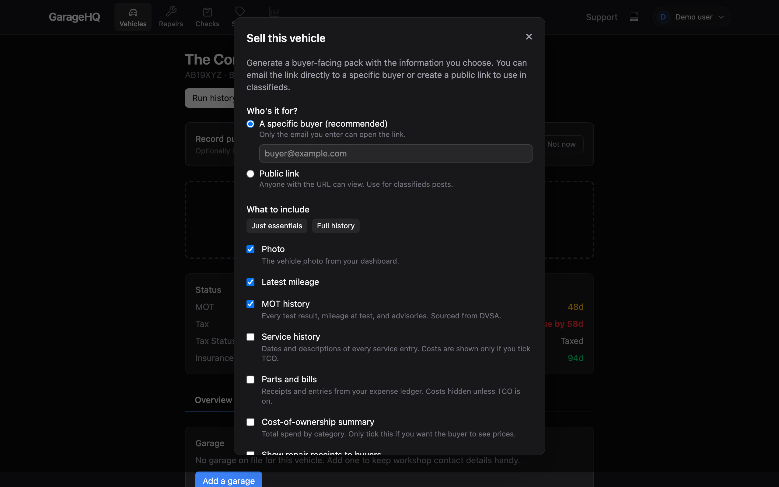 Sell modal with email gate and content tickboxes