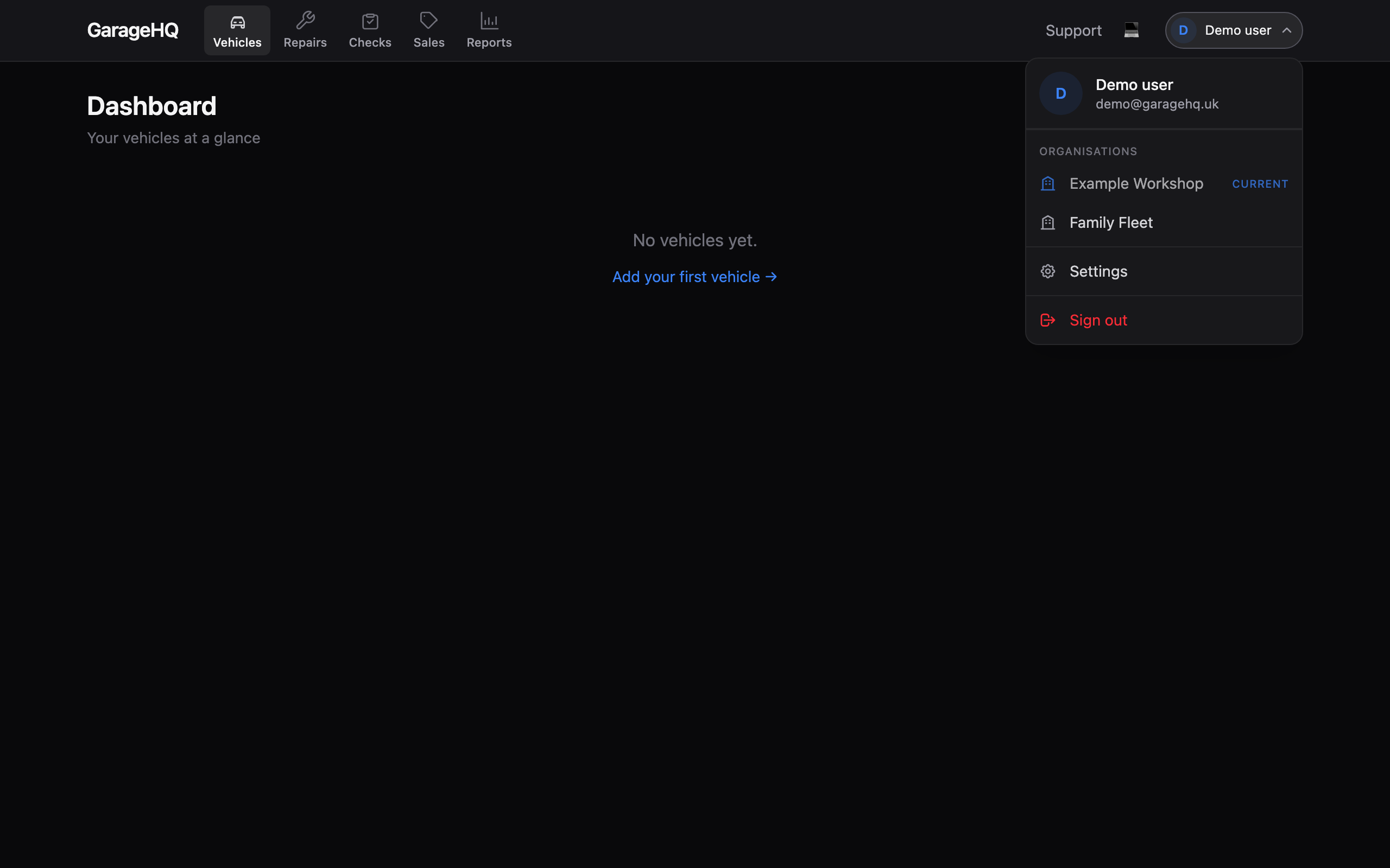 User menu dropdown showing the Organisations section with two orgs, the active one tagged Current