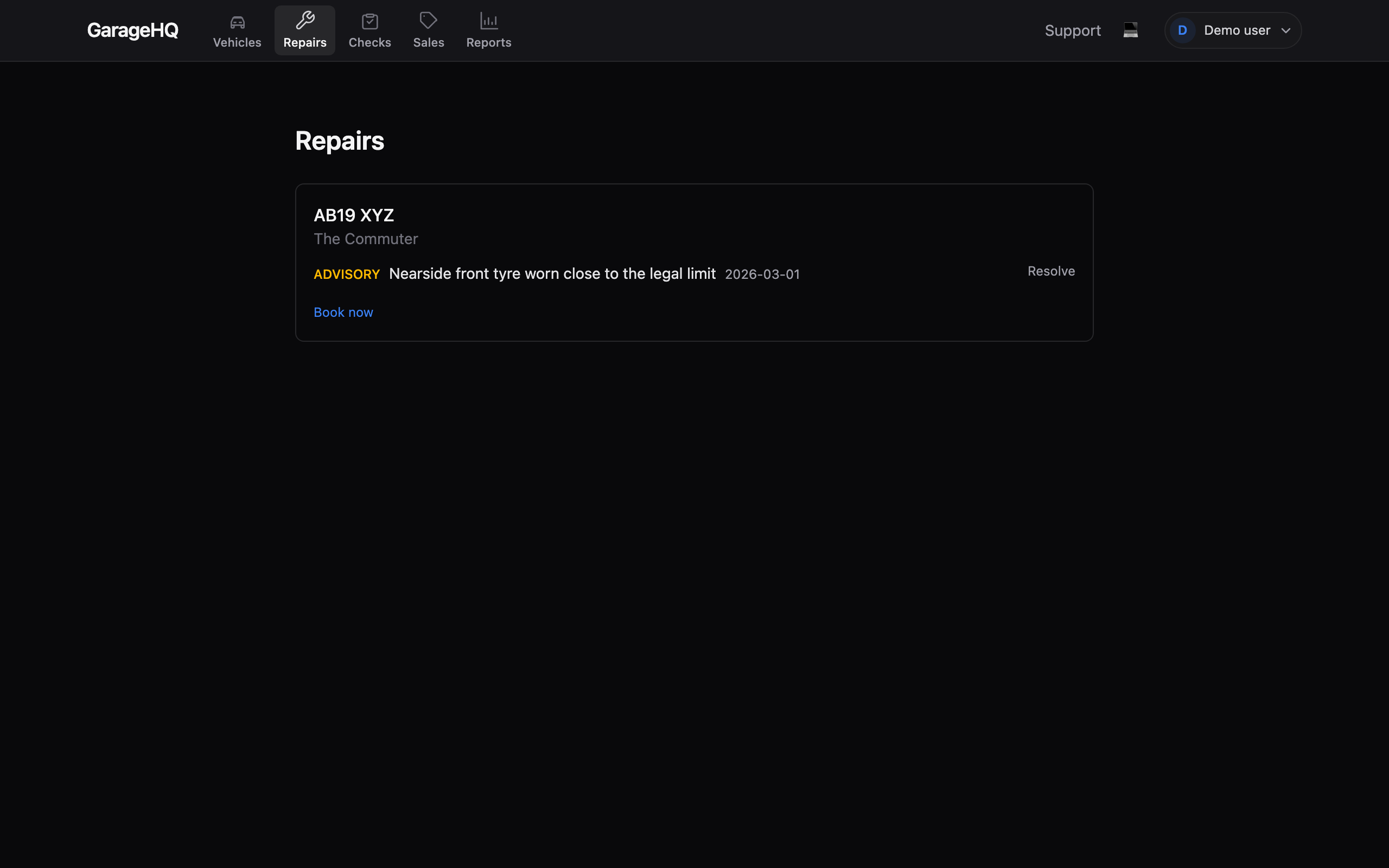 Repairs page listing one vehicle with an outstanding advisory and a Resolve button