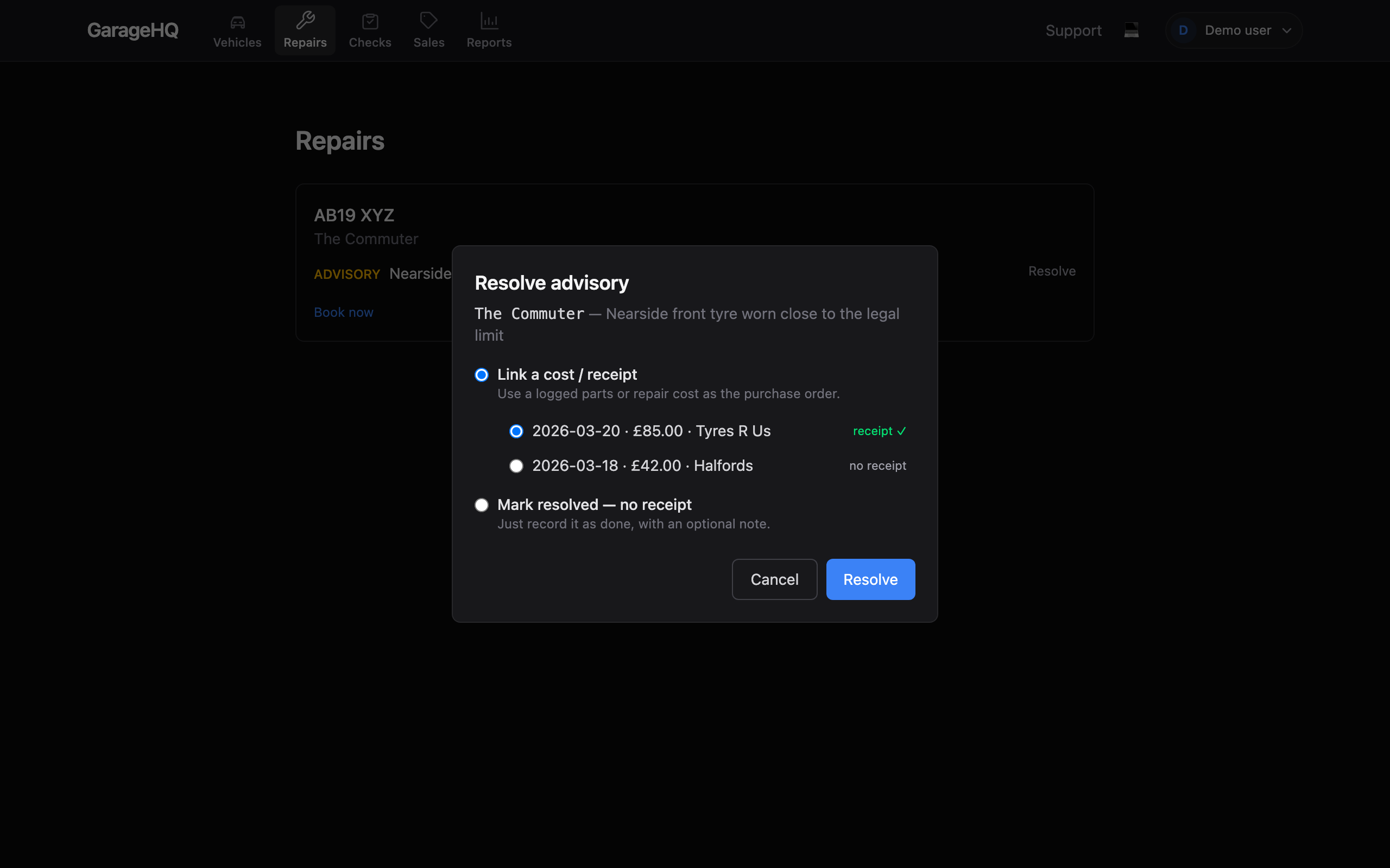 Resolve dialog offering to link an existing cost as the receipt, or mark resolved with a note