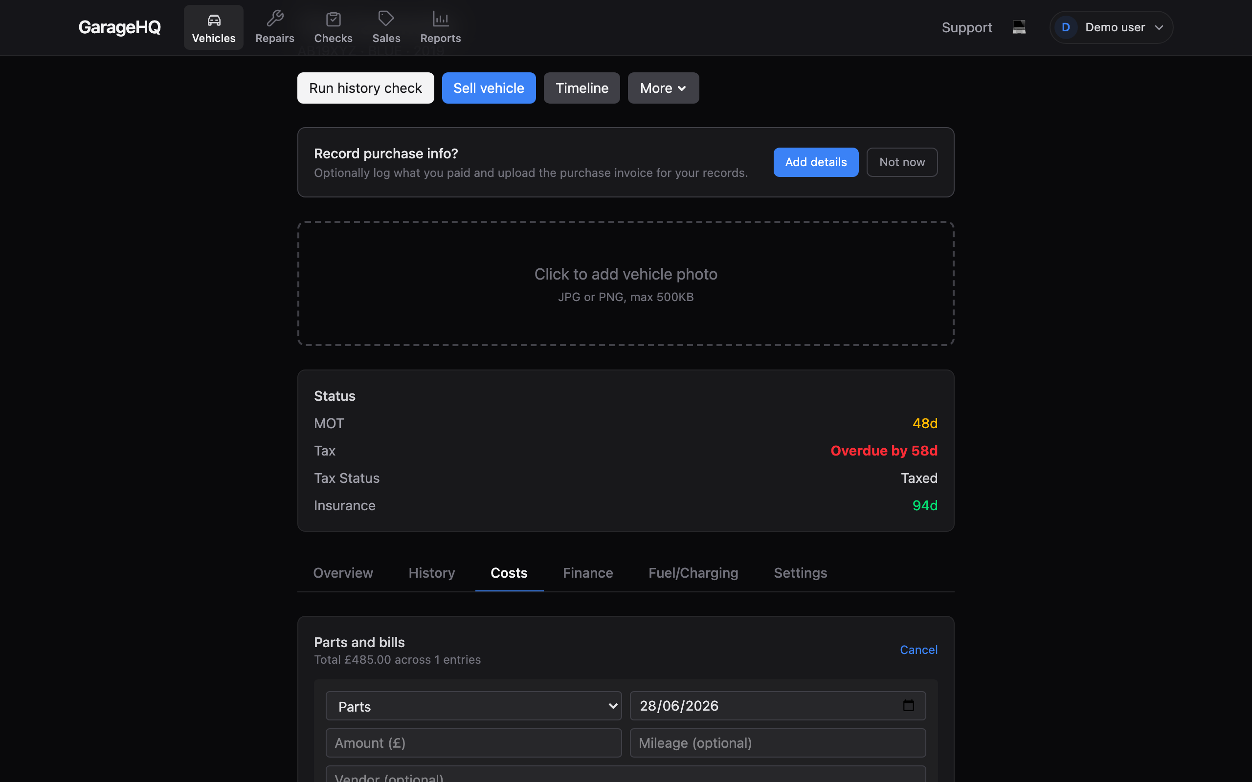 Add expense form on the vehicle detail page