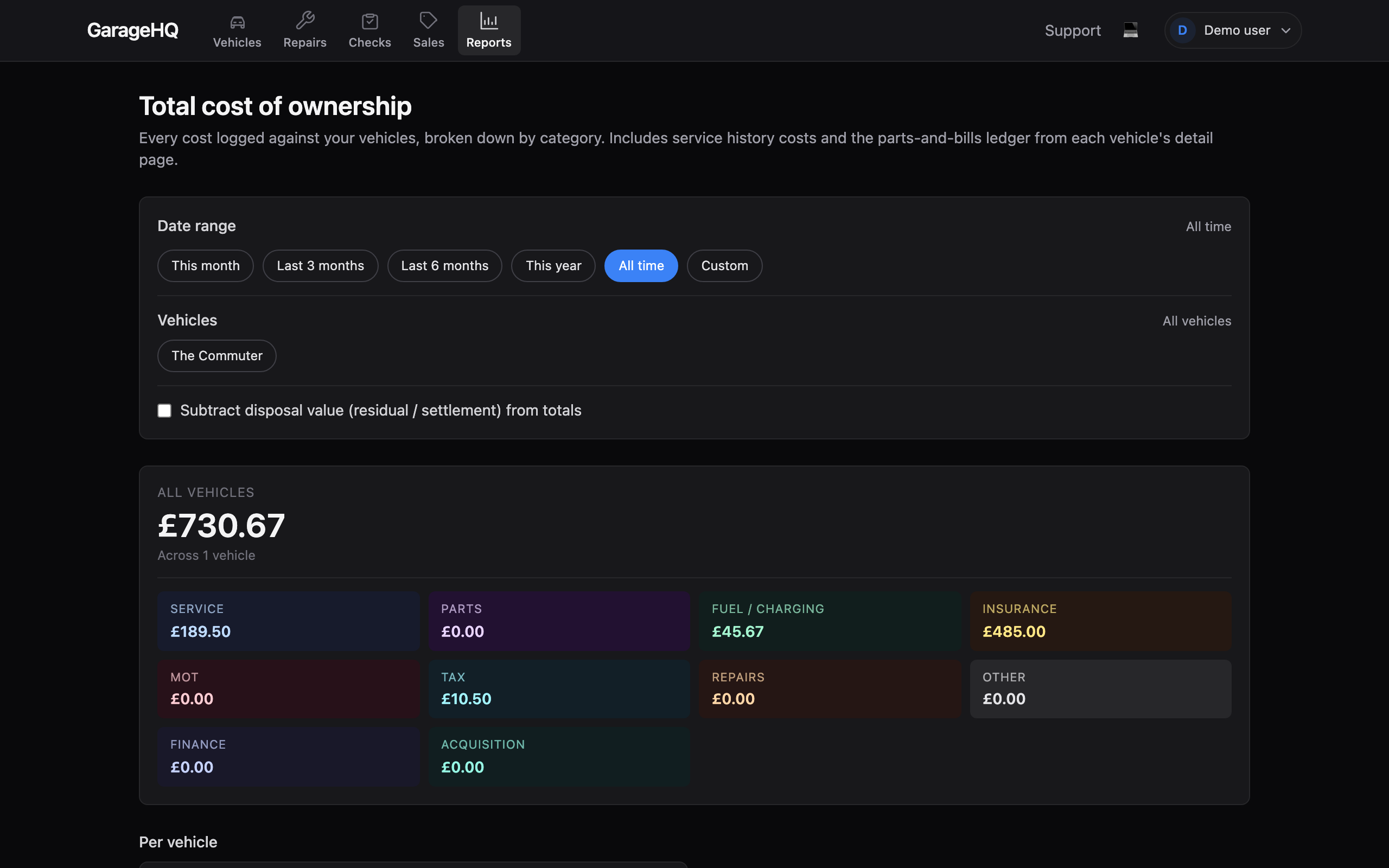 TCO reporting page with per-vehicle pills