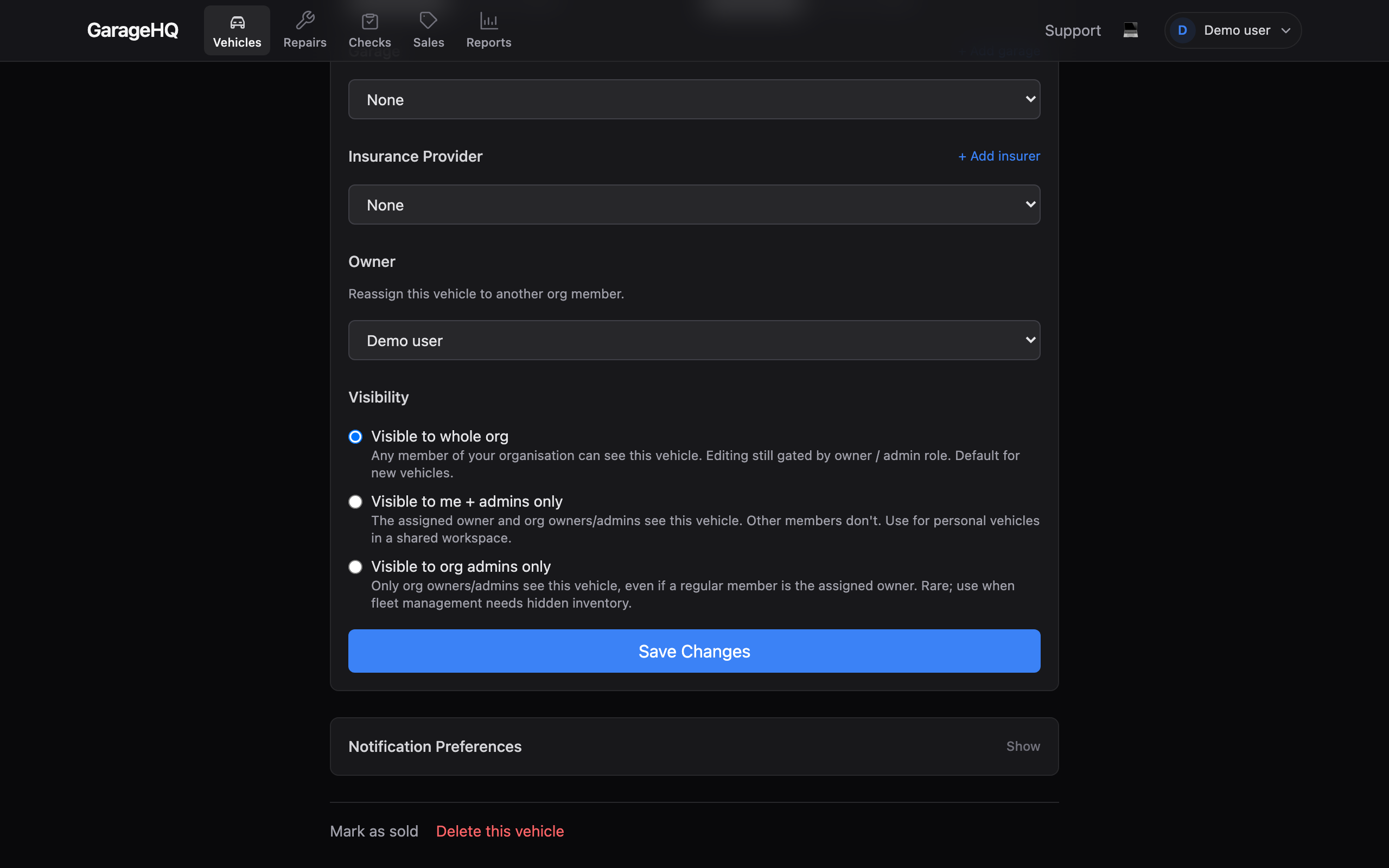 Vehicle edit form showing the Visibility section with three radio options