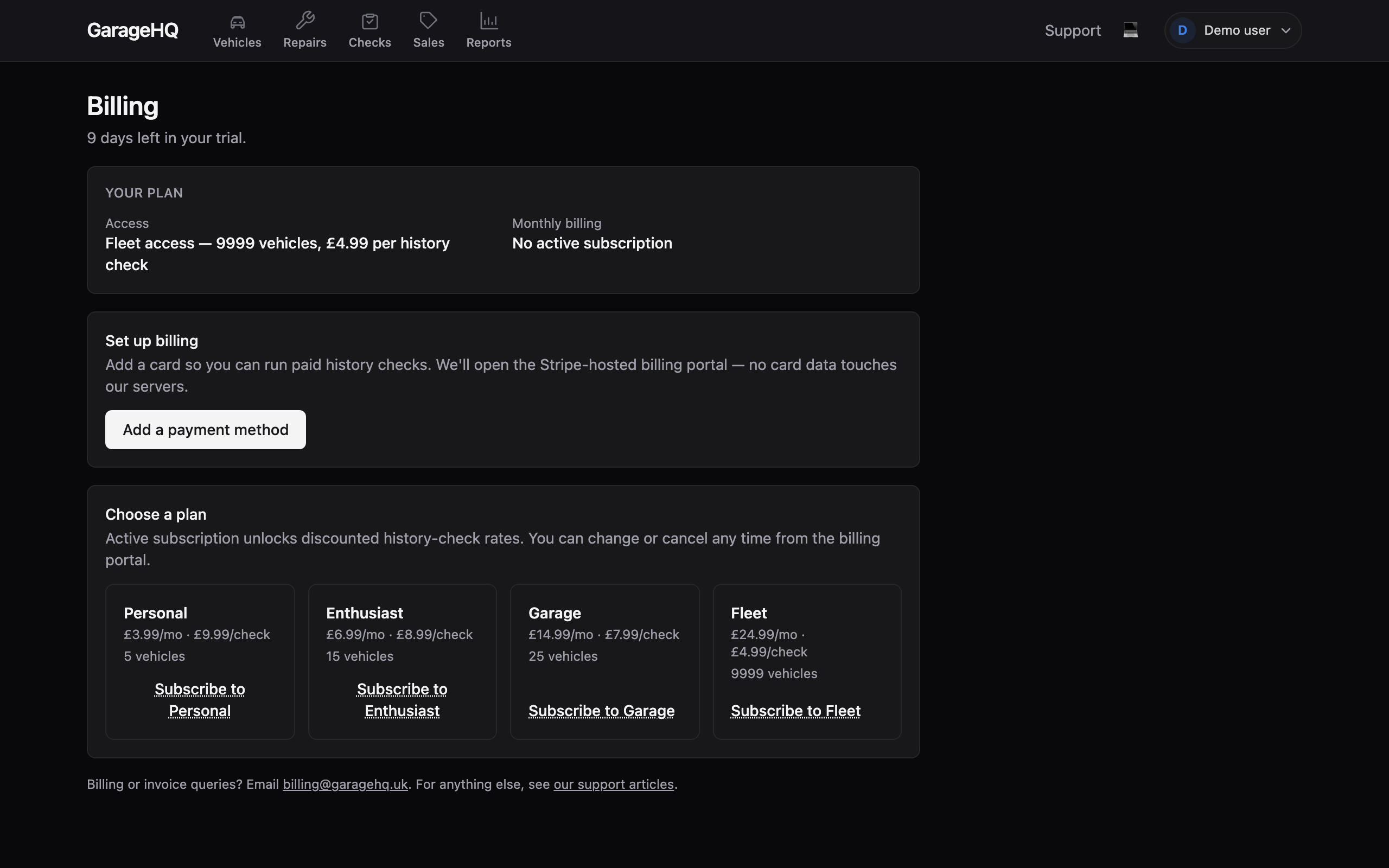 The Settings, Billing page showing the three plan cards